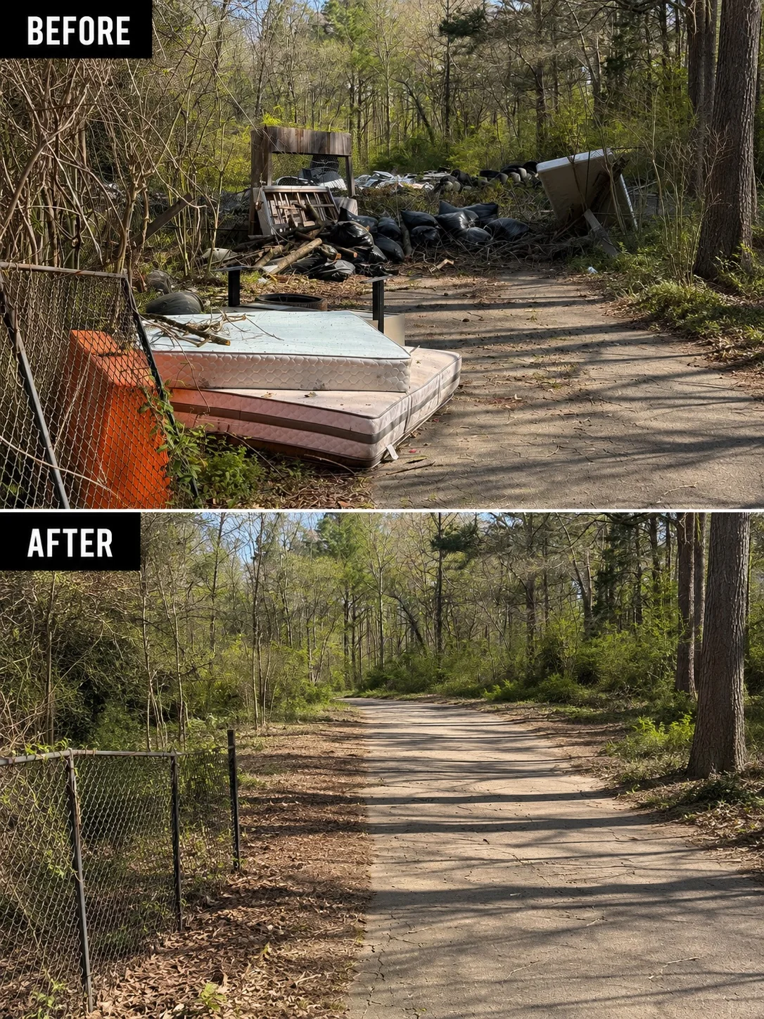 Before and after illegal dumping cleanup on private property