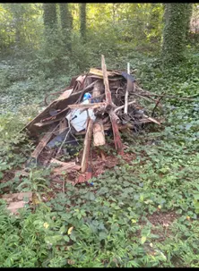 Branches, roots and natural yard debris before removal beside a Kennesaw home