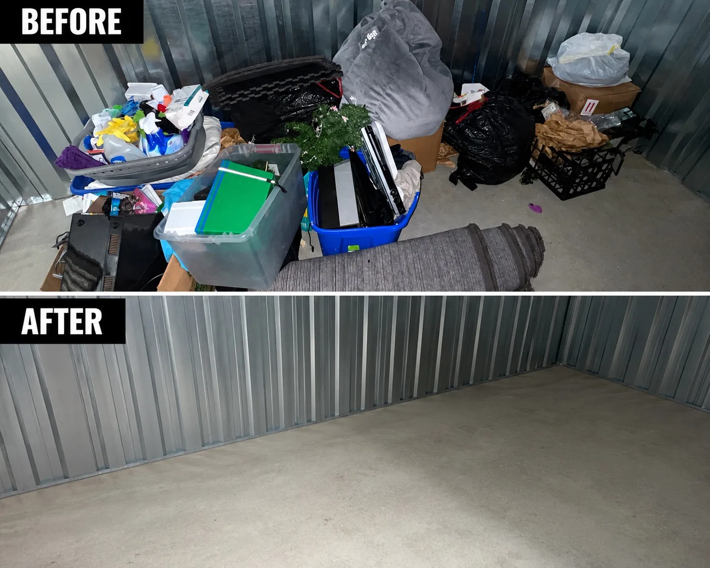 Storage unit cleanout before and after
